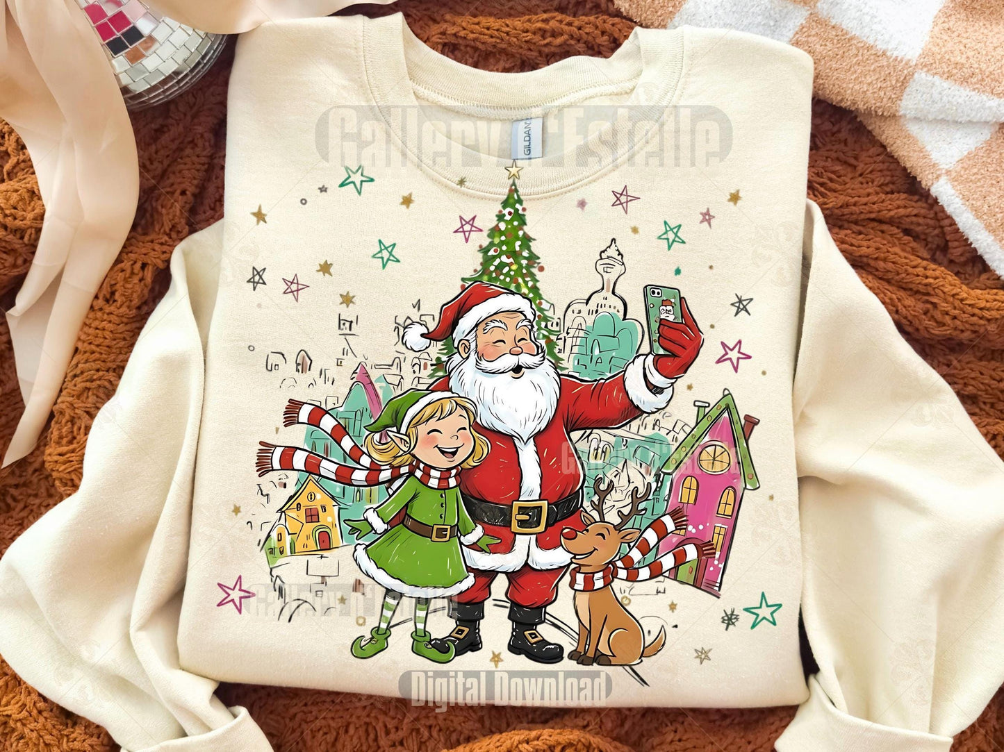 Retro Christmas Town PNG, Whimsical Santa and Elf Graphic, Preppy Holiday Scene Design, Festive Shirt Sublimation
