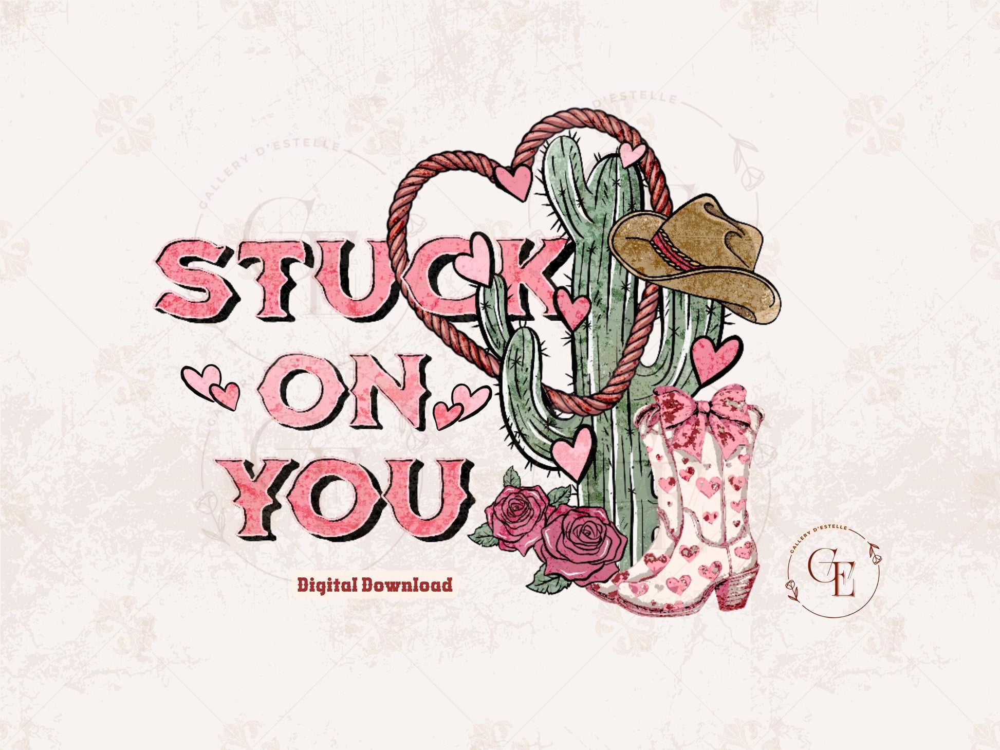 Stuck on You Western PNG, Rustic Cowgirl Cactus Art, Wild West Valentines Shirt Design