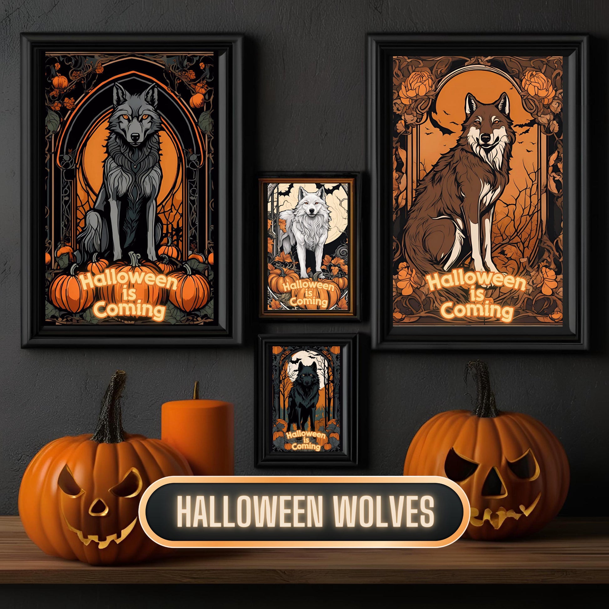 Halloween Wolves Wall Art Bundle, "House Spark" Spooky Halloween Art Nouveau Decoration