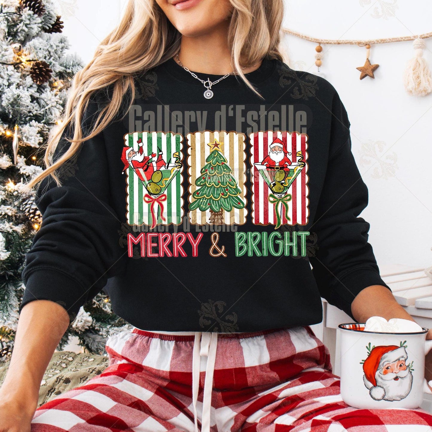 Coquette Merry and Bright PNG, Retro Christmas Cocktail Graphic, Festive Santa Martini Art, Cute Holiday Shirt Design