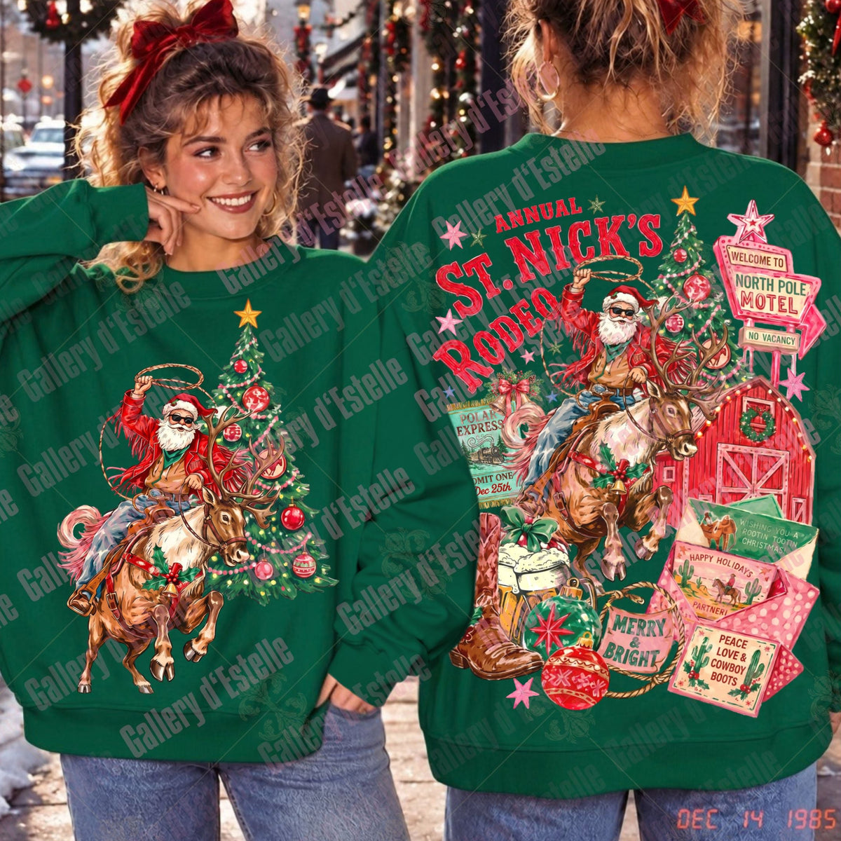 Two women modeling a green long-sleeve sweatshirt with a large vintage-style Santa graphic on the front and back. The sweatshirt features red and white text reading 'Annual St. Nick's Rodeo'