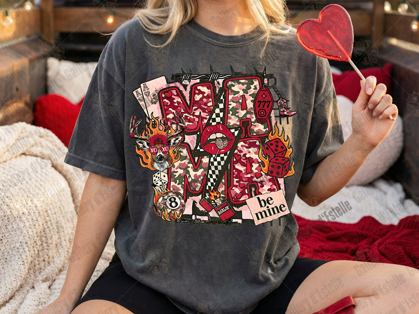 Valentine Mama Camo PNG, Retro Western Collage Graphic, Love Hunting Art, Edgy Be Mine Shirt Design