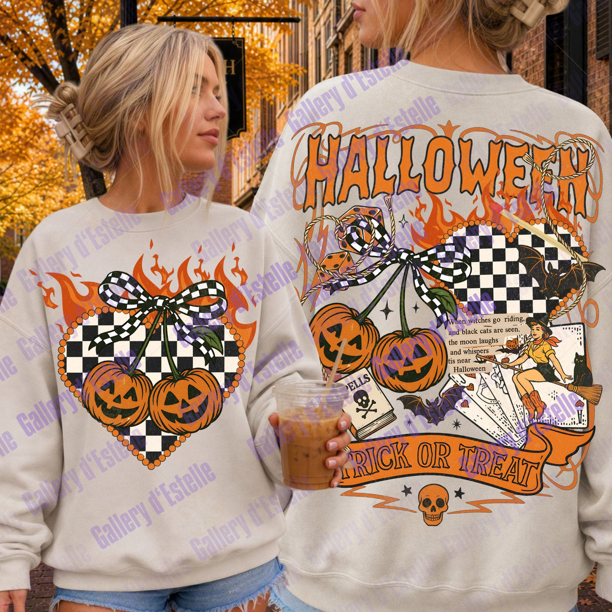 Two women modeling a light beige sweatshirt with a large Halloween graphic. The front view shows a heart-shaped black-and-white checkered pattern with two jack-o'-lanterns, orange flames, and a bow.