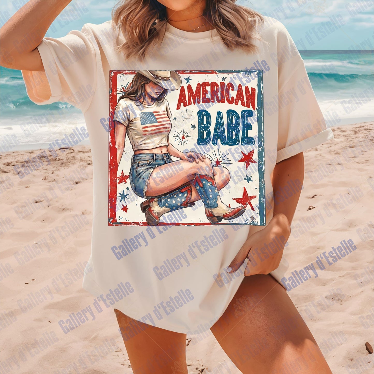 American Babe PNG, Retro Patriotic Cowgirl Graphic, Trendy 4th of July Shirt Design, Vintage USA Western Art