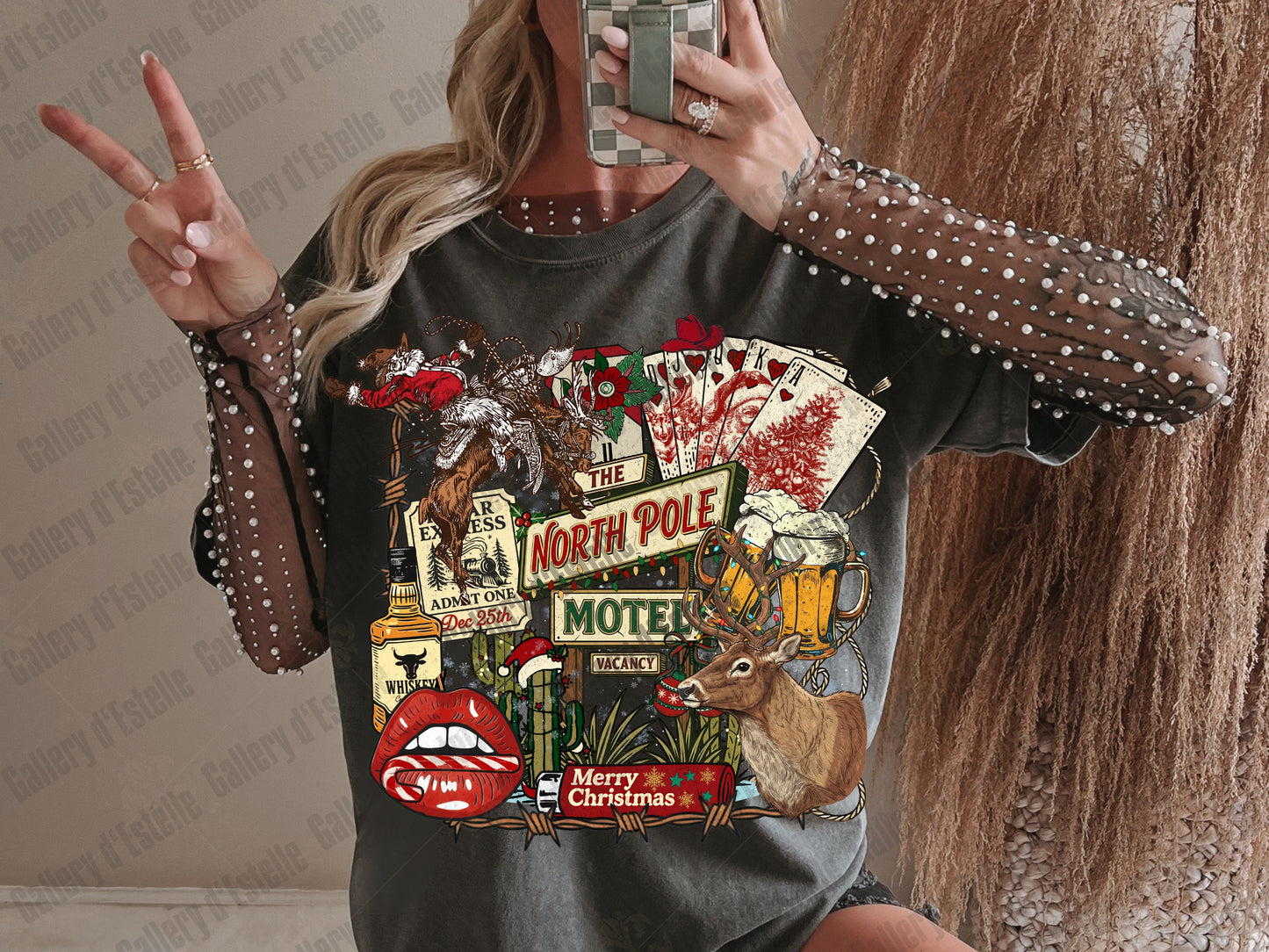 North Pole Motel PNG, Western Christmas Cowboy Holiday Collage, Retro Santa Graphic, Festive Country Shirt Design
