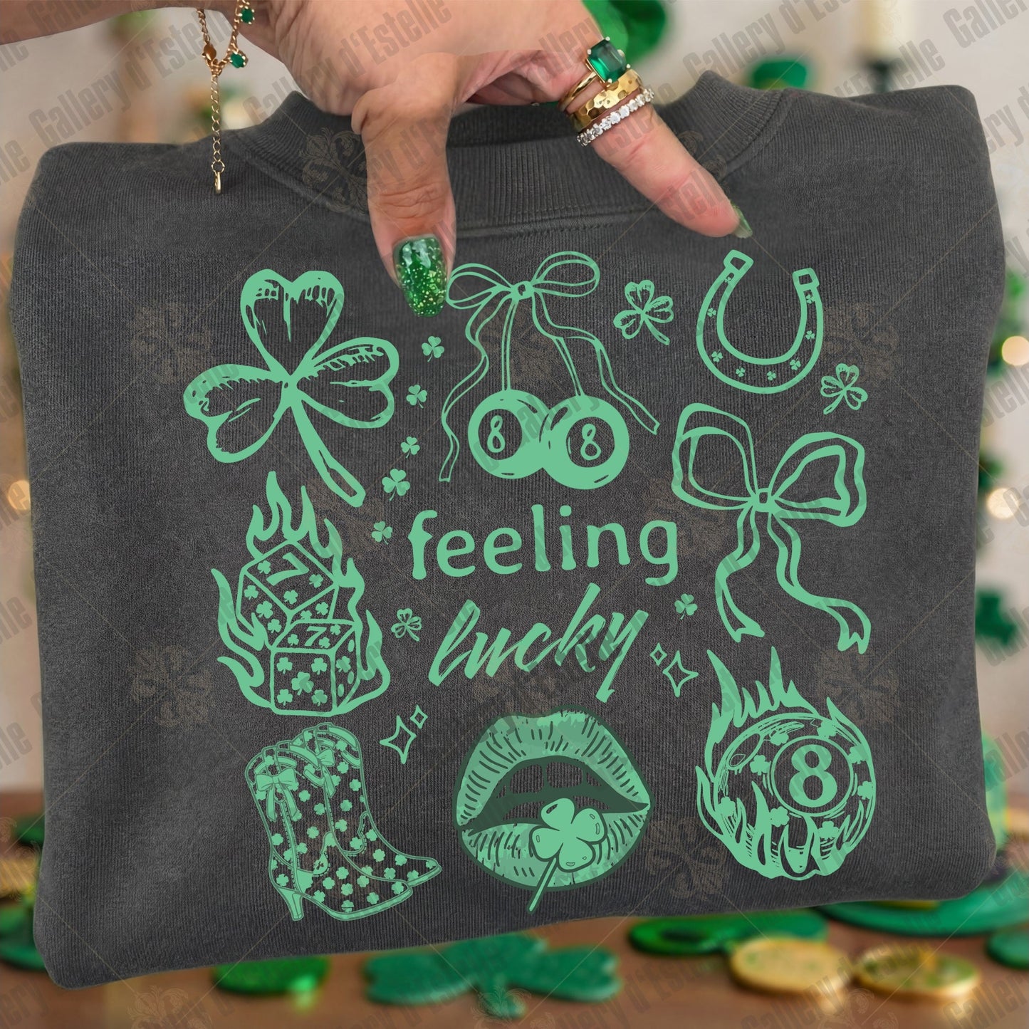 Feeling Lucky PNG, Retro Lucky Western Collage, Shamrock Dice 8 Ball Graphic, Trendy St Patrick’s Day Shirt Design