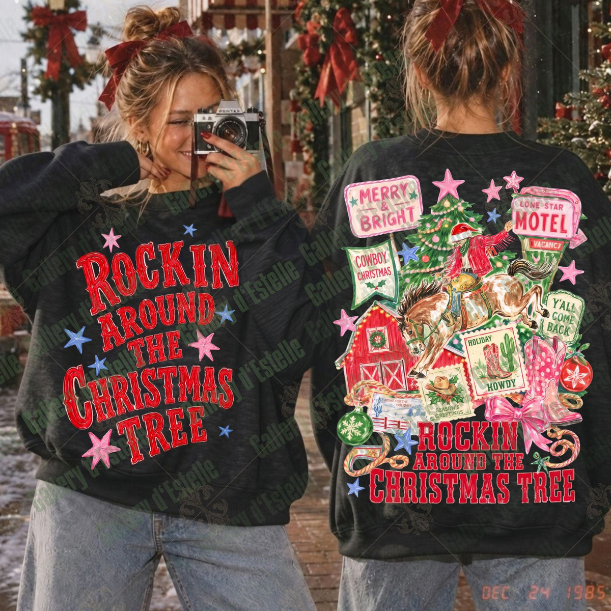 Two women modeling black Christmas sweatshirts in an outdoor holiday setting. The front view shows the text 'ROCKIN' AROUND THE CHRISTMAS TREE' in red with pink and blue star accents.