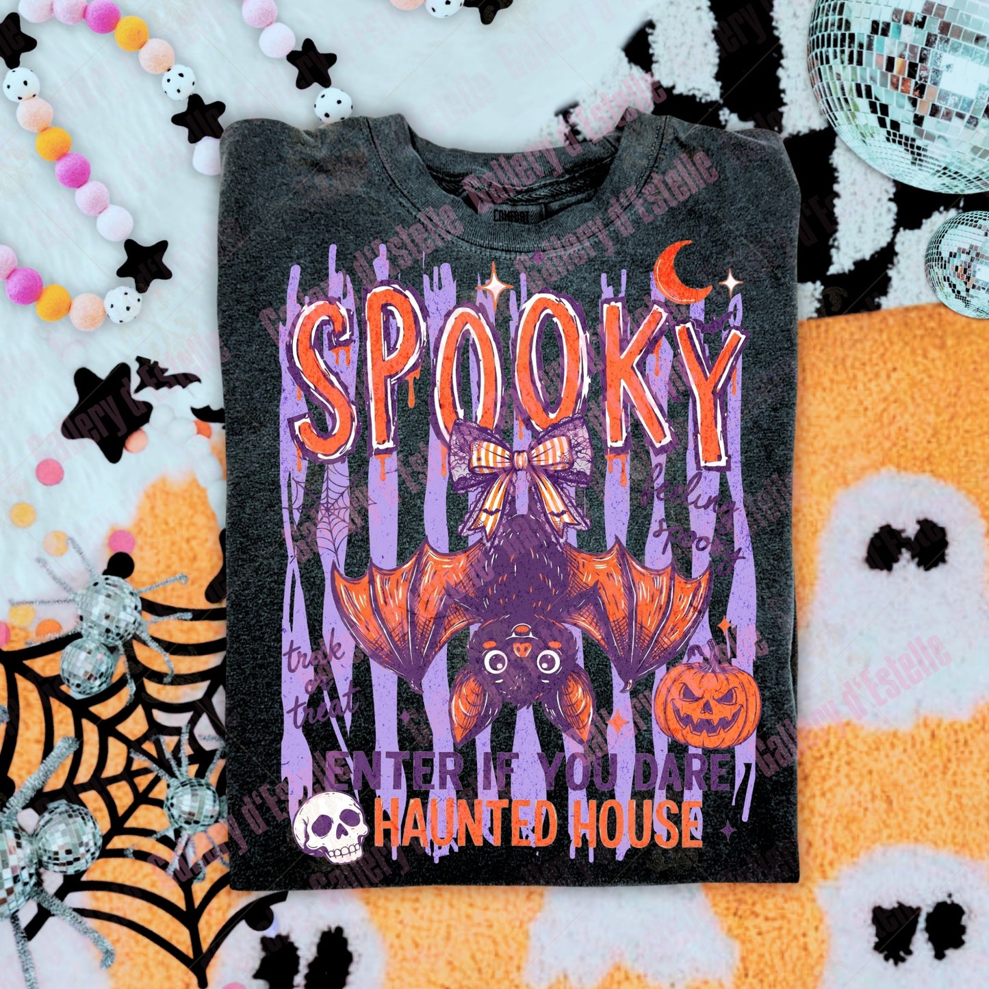 Spooky Bat PNG, Retro Haunted House Graphic, Coquette Halloween Shirt Design