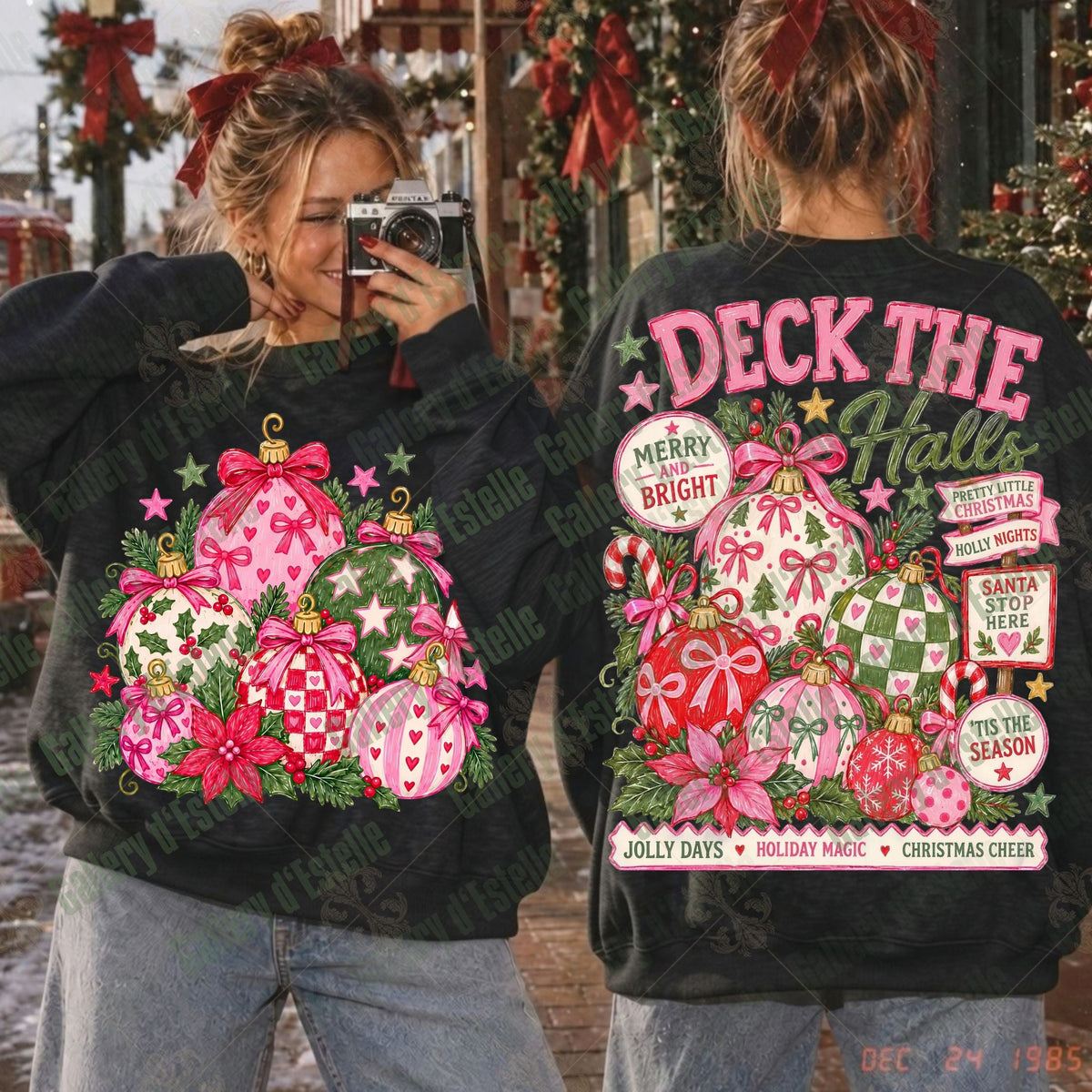 Two women shown from the back and side wearing matching black crewneck sweatpants with large pink and red Christmas ornament graphics and the words 'Deck the Halls' and 'Merry Bright.'.