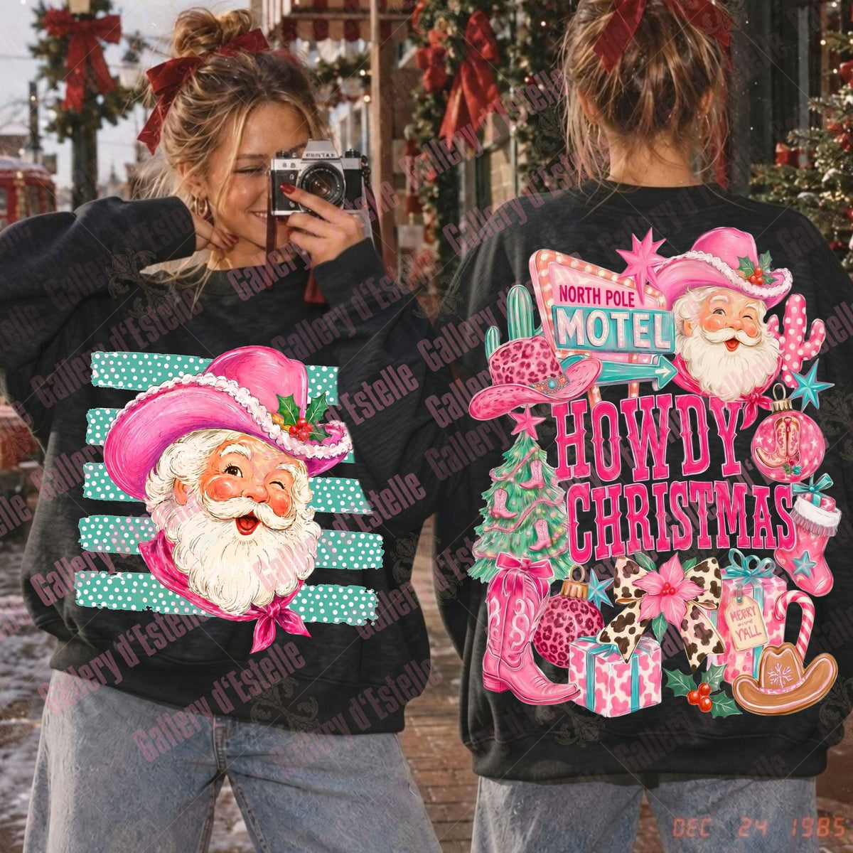 Two women shown from the back and side wearing matching black sweatshirts with large pink and teal Christmas-themed graphics featuring Santa and the text 'HOWDY CHRISTMAS' and 'NORTH POLE MOTEL'.