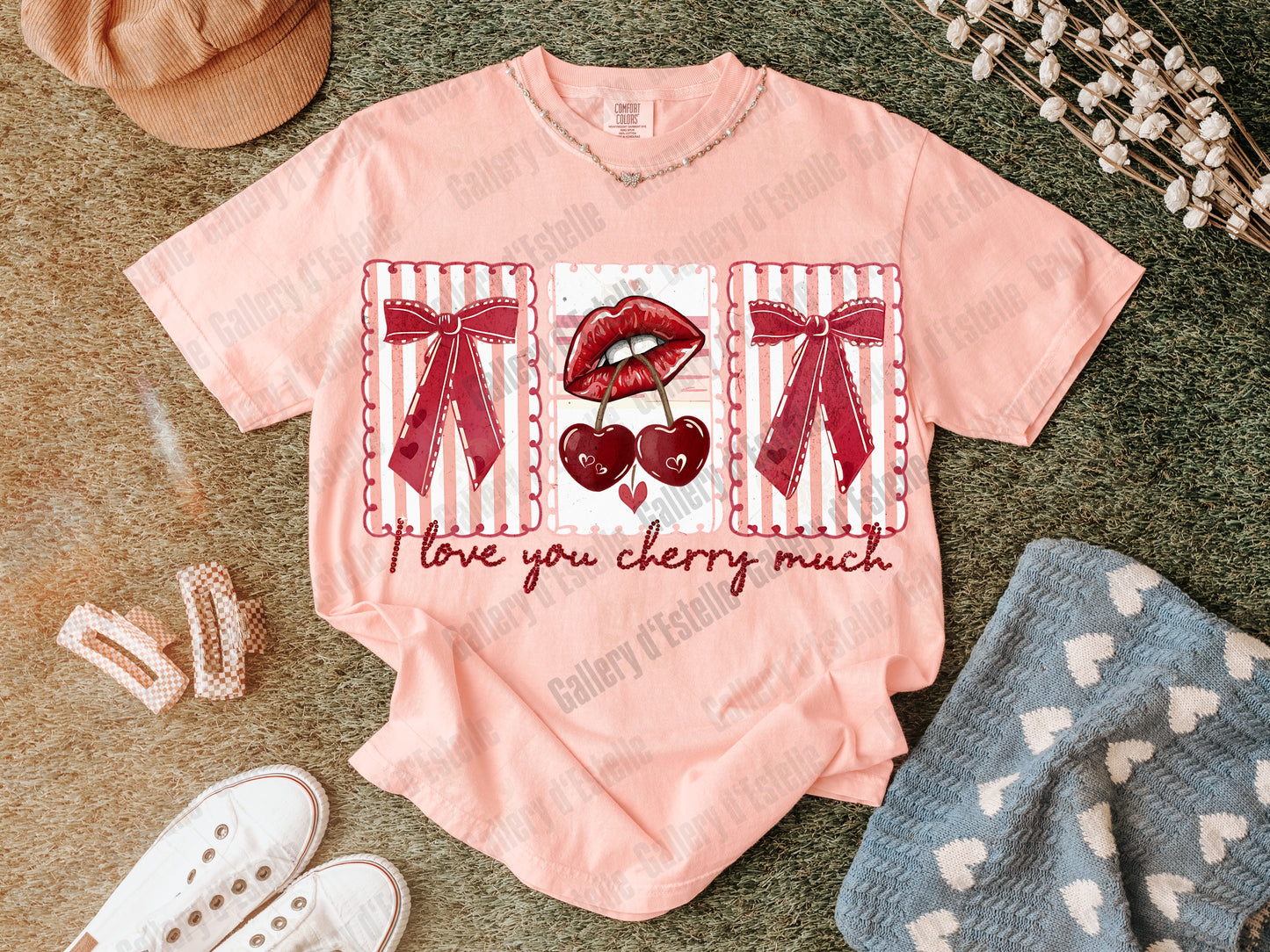 Love You Cherry Much PNG, Retro Cherry Lips Graphic, Coquette Valentine Stamp Collage, Trendy Pink Bow Shirt Design