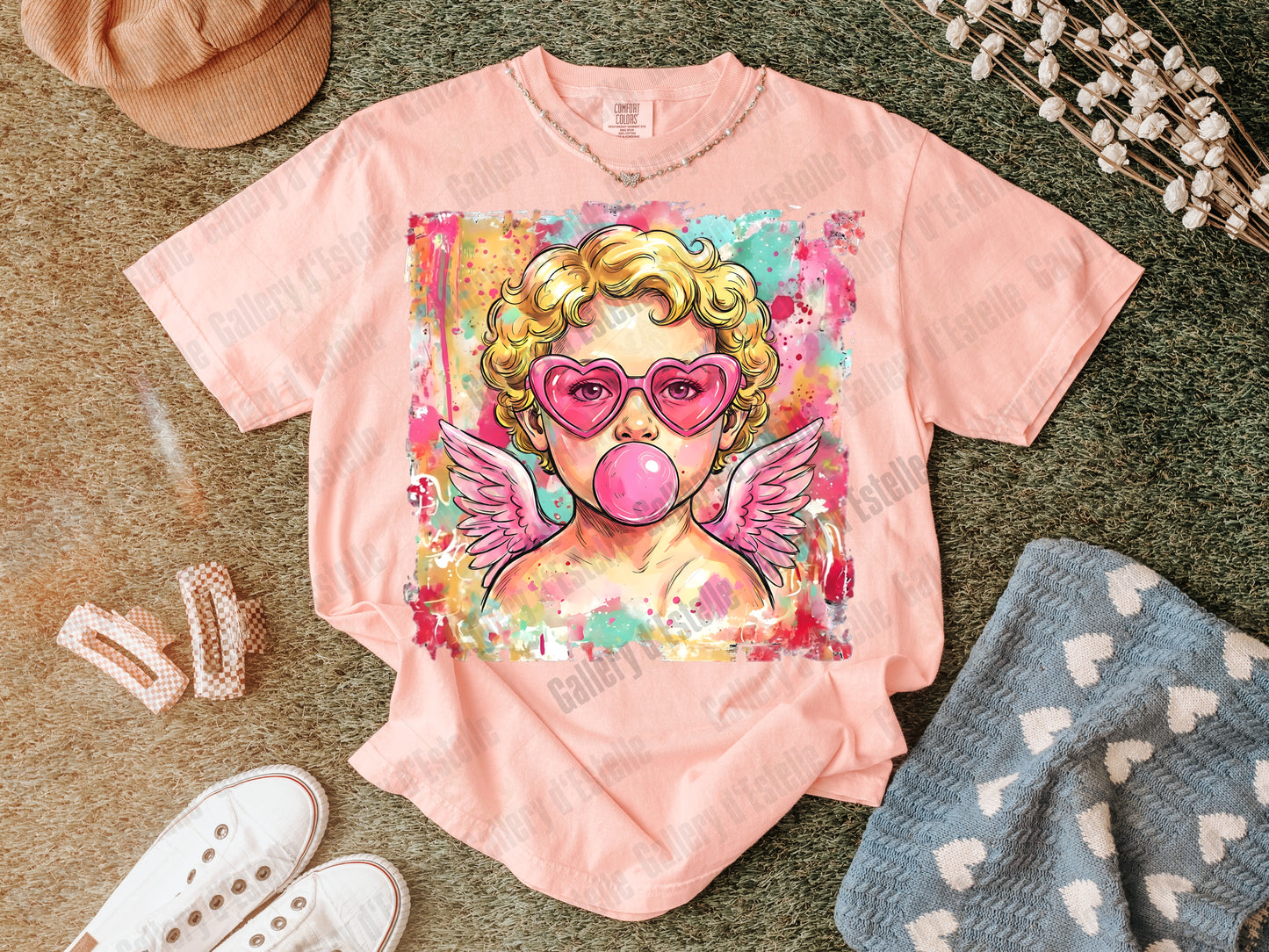 Preppy Cupid Valentine PNG, Colorful Watercolor Angel Graphic, Retro Bubblegum Art, Trendy Love Shirt Design