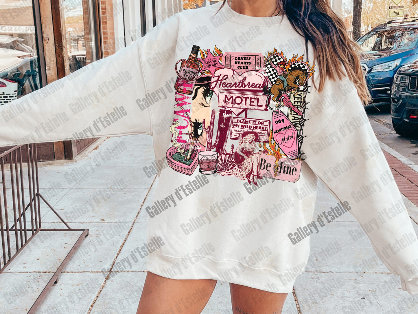 Heartbreak Motel Collage PNG, Retro Western Love Graphic, Edgy Cowgirl Breakup Art, Trendy Anti Valentine Shirt PNG