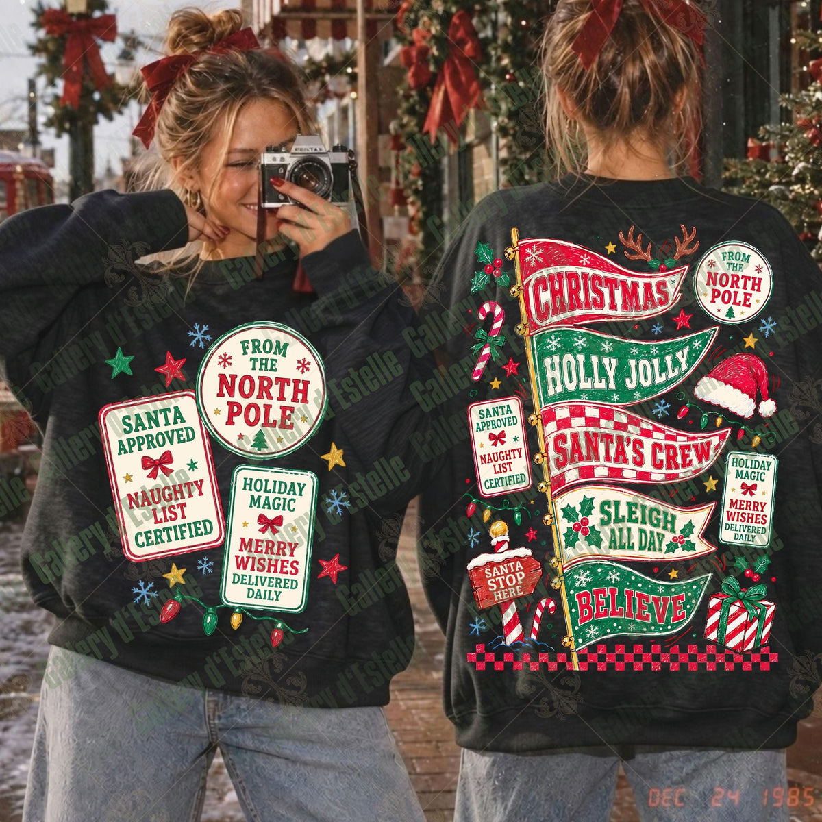 A person shown from the back wearing a black Christmas-themed sweatshirt with multiple colorful holiday patches and text, alongside a front view of the same sweatshirt on a model. The background is a festive outdoor holiday scene with decorations.
