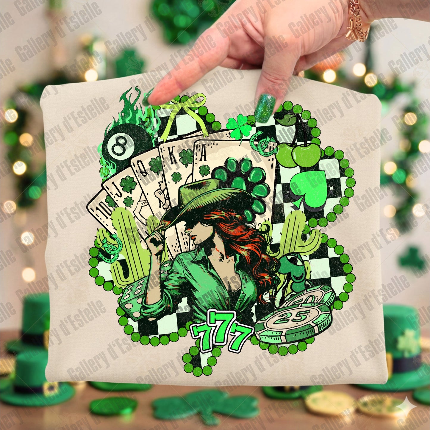 Western St Patricks Day Lucky Girl PNG, Checkered Turquoise Shamrock Graphic, Retro Cowgirl Playing Cards Design, Country Shirt Sublimation
