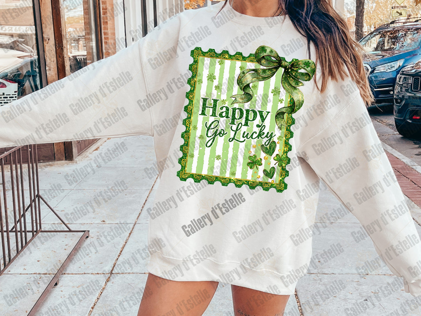 Happy Go Lucky St Patrick’s PNG, Retro Irish Stamp Graphic, Coquette Lucky Shirt Design