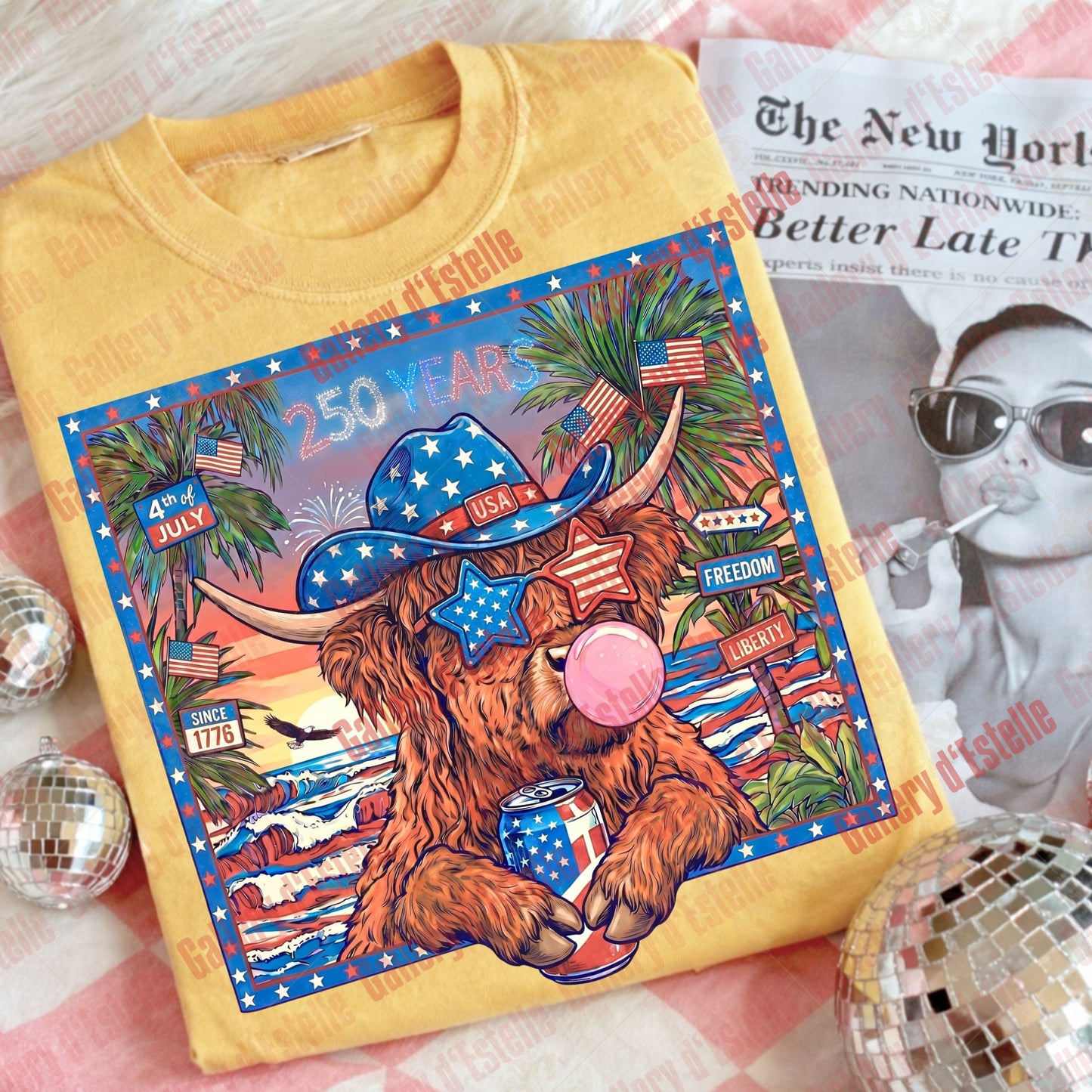 Patriotic Highland Cow PNG, Western 4th of July Graphic, Trendy USA Freedom Shirt Design
