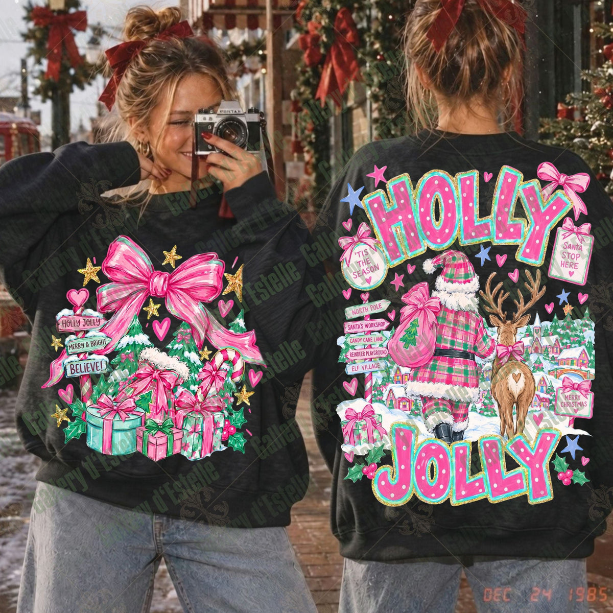 A person shown from the back wearing a black crewneck sweatshirt with a large colorful Christmas-themed graphic that reads 'HOLLY JOLLY' in pink and green, alongside a reindeer, gifts, stars, and bows.