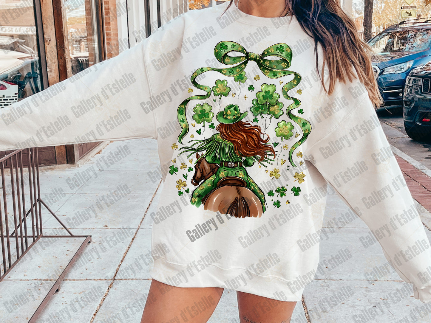 Western St Patrick’s Cowgirl PNG, Retro Country Rodeo Art, Coquette Lucky Shirt Design