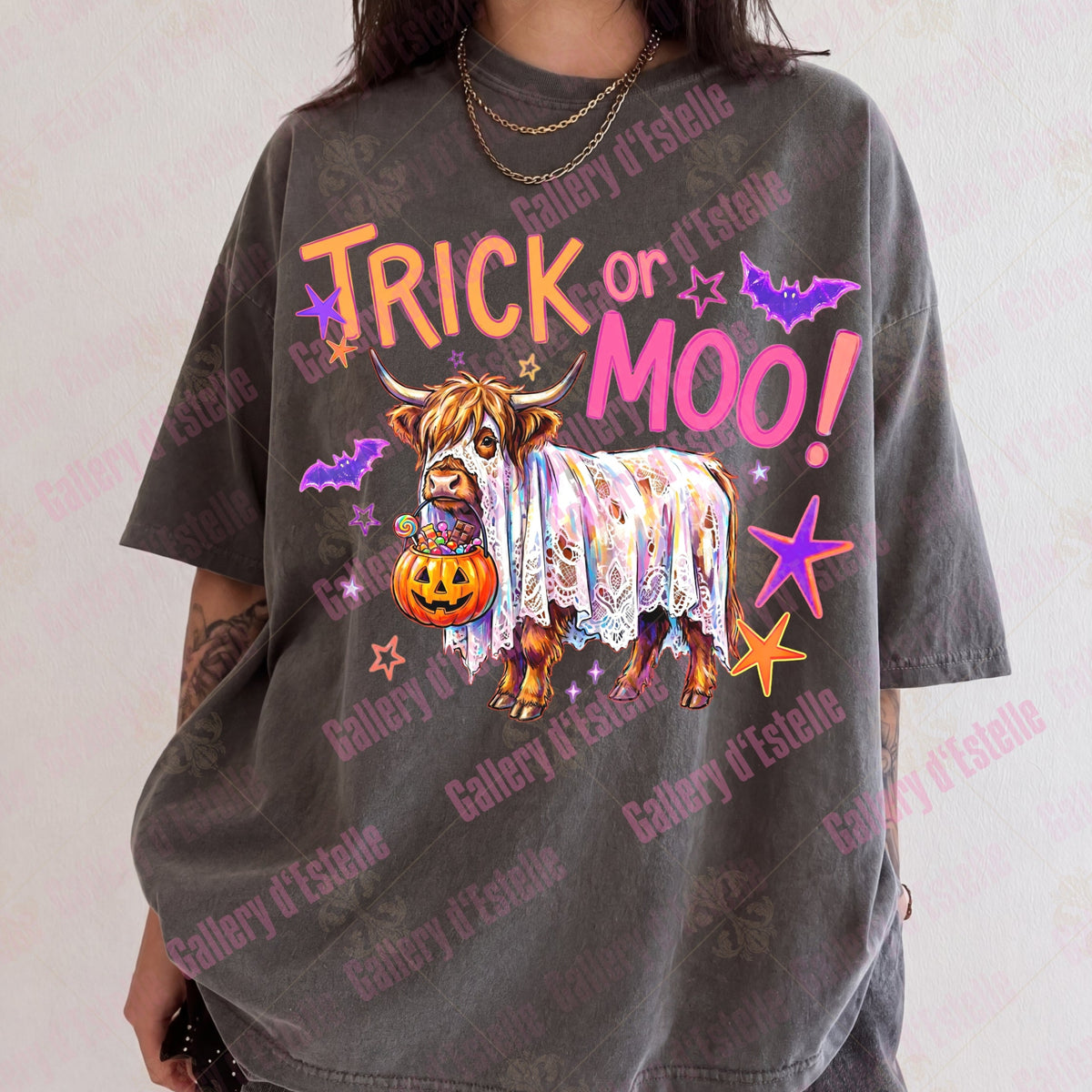 Trick or Moo PNG, Retro Spooky Highland Cow, Funny Trick or Treat Graphic, Trendy Halloween Shirt Design