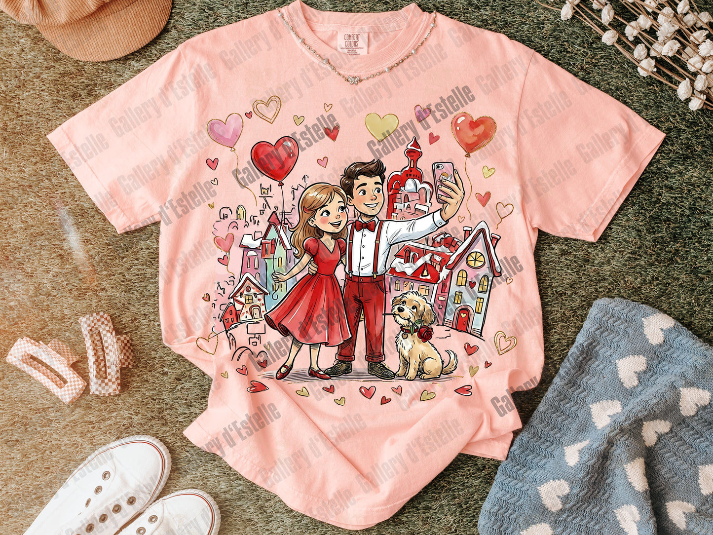 Retro Valentine Love PNG, Whimsical Selfie Couple Illustration, Preppy VDay Shirt Design