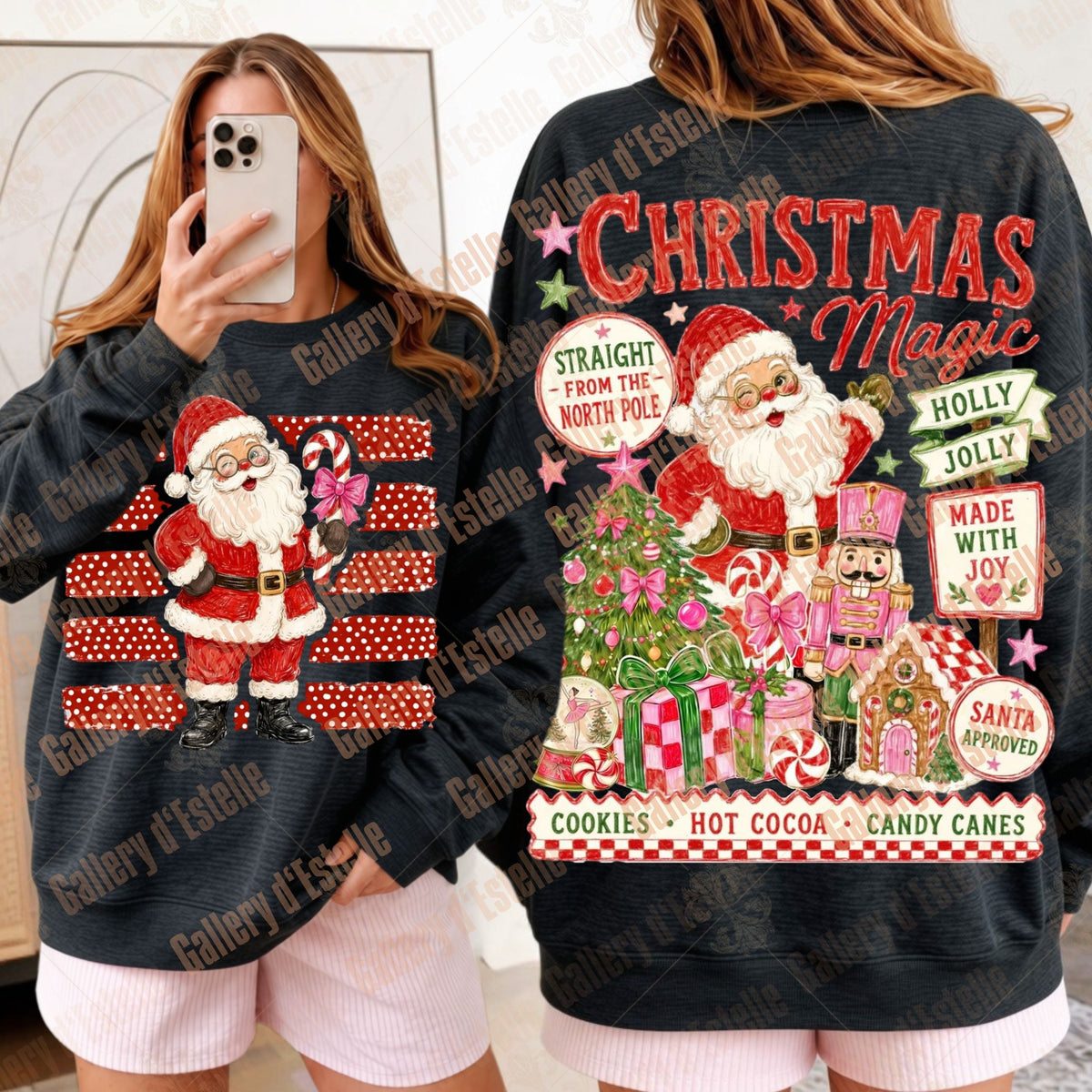 A woman modeling a black Christmas-themed sweatshirt, showing both the front and back views. The front features a graphic of Santa Claus on a red and white striped background, while the back displays a large festive design with 'Christmas Magic' text, a nutcracker, candy canes, and holiday decorations.