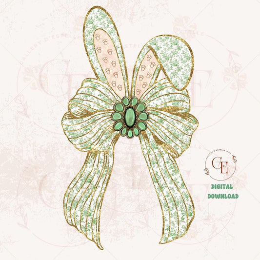 Coquette Easter Bunny Bow PNG, Green French Toile Glitter Graphic, Country Chic Shirt Design