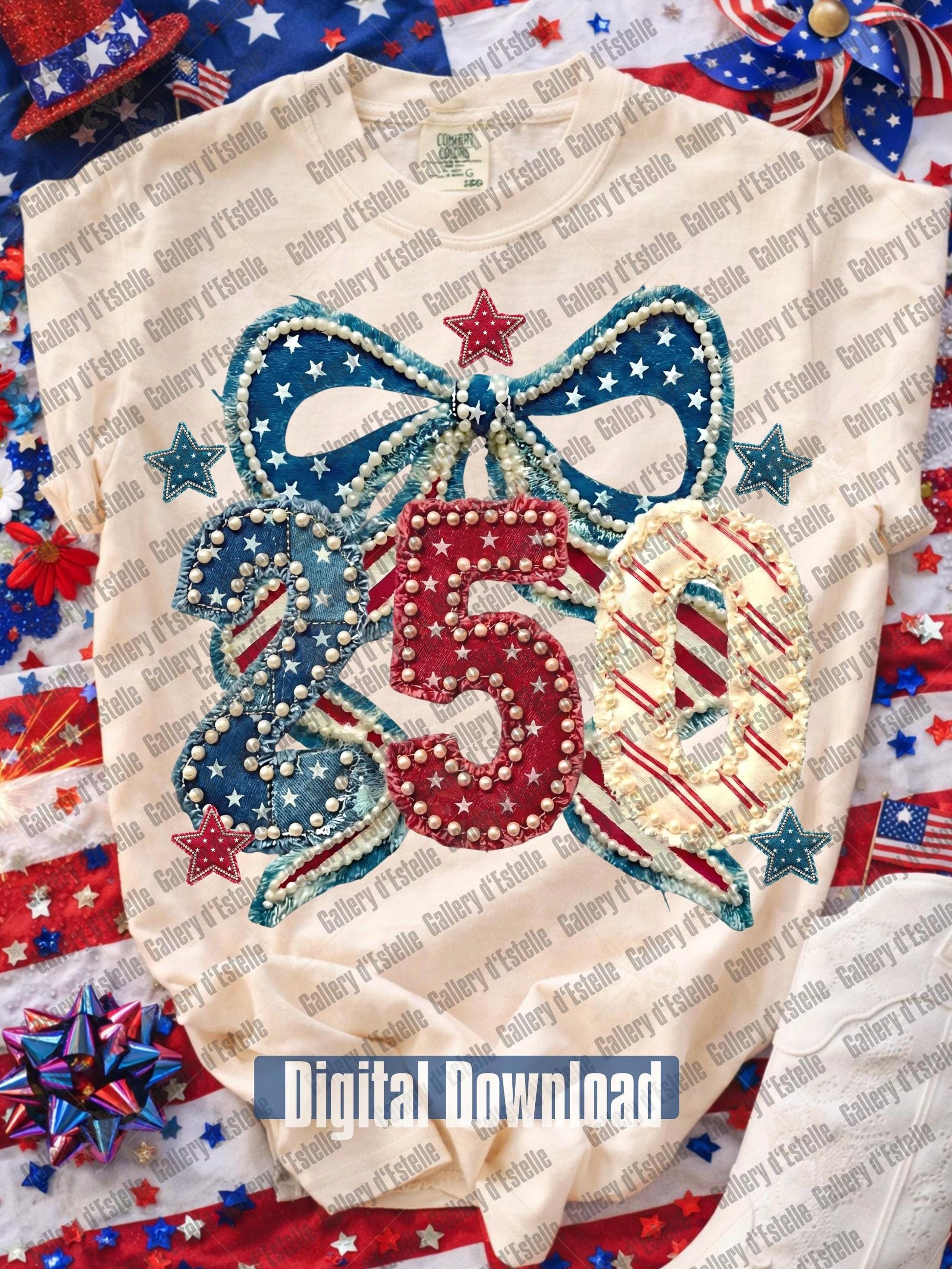 Beige T-shirt with a USA patriotic patchwork design of the number "250" and a bow on a red, white, and blue background.