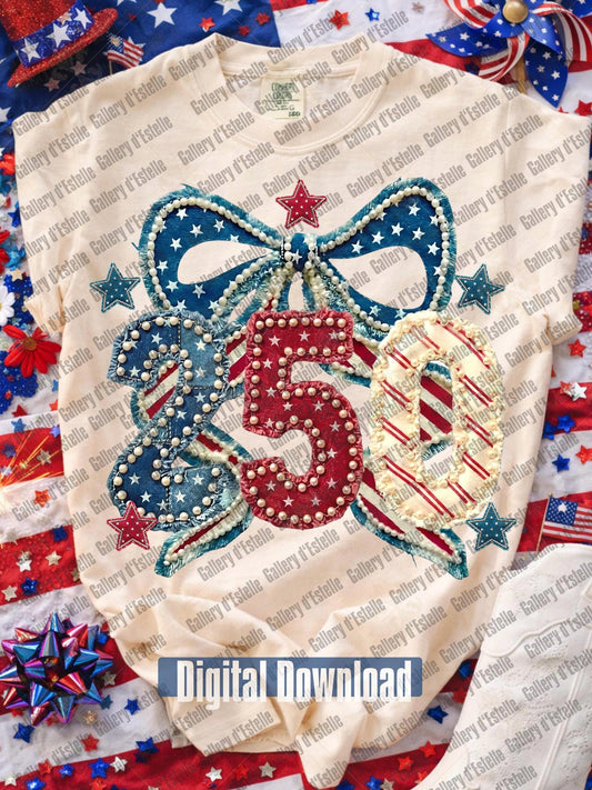 Beige T-shirt with a USA patriotic patchwork design of the number "250" and a bow on a red, white, and blue background.
