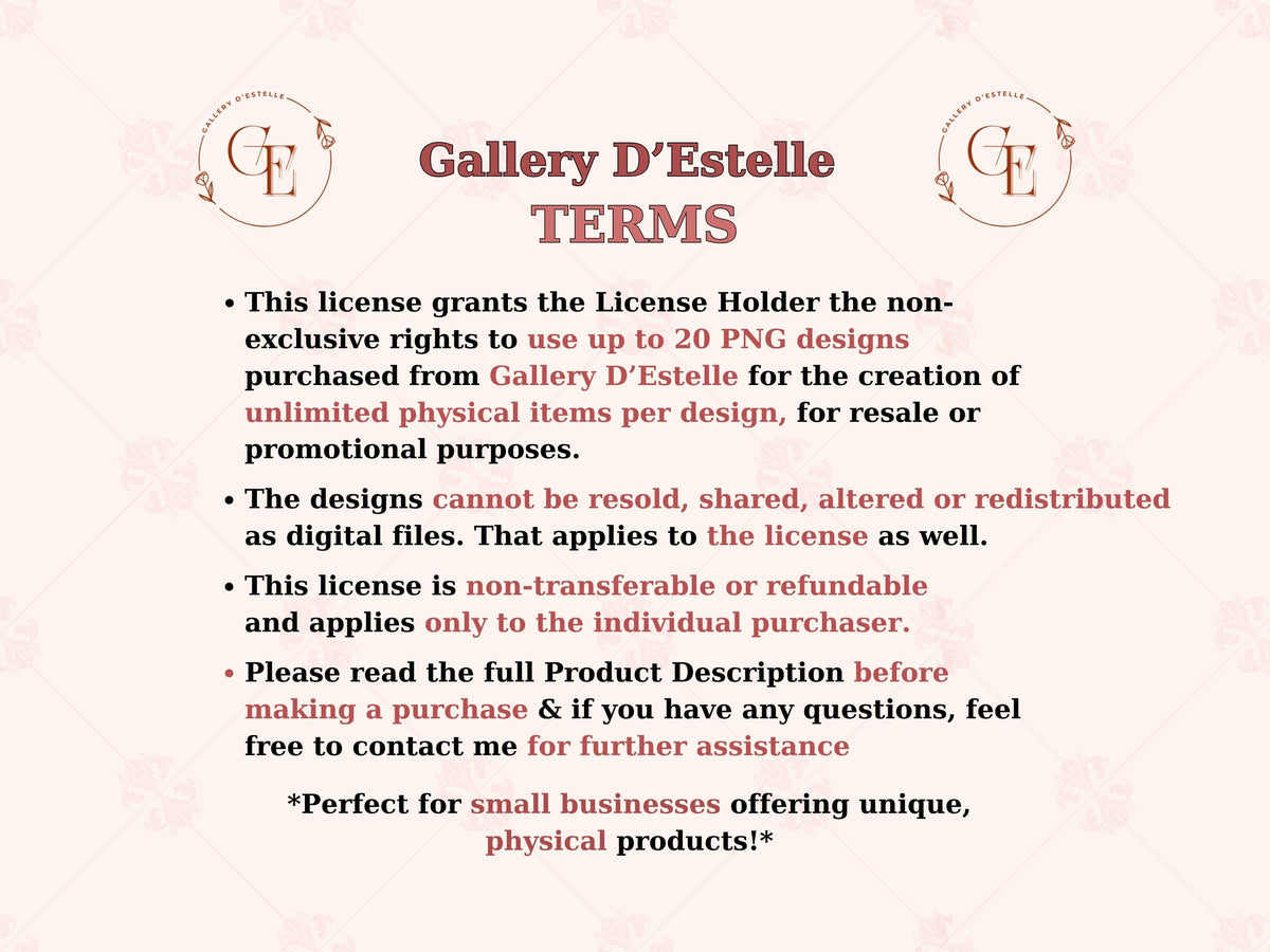 Gallery d'Estelle Extended POD License | 10–20 PNG Designs | Unlimited Physical Products