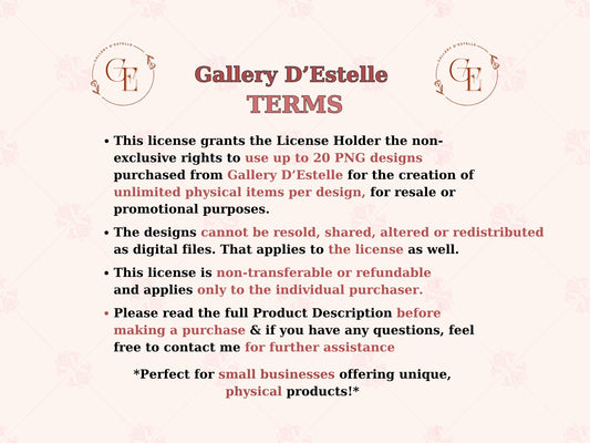 Gallery d'Estelle Extended POD License | 10–20 PNG Designs | Unlimited Physical Products