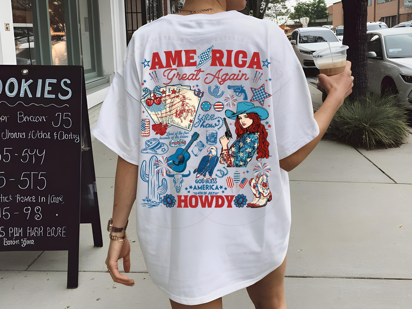 America Great Again PNG, Patriotic Cowgirl Collage, Western 4th of July Graphic, Trendy Checkered Country Shirt Design