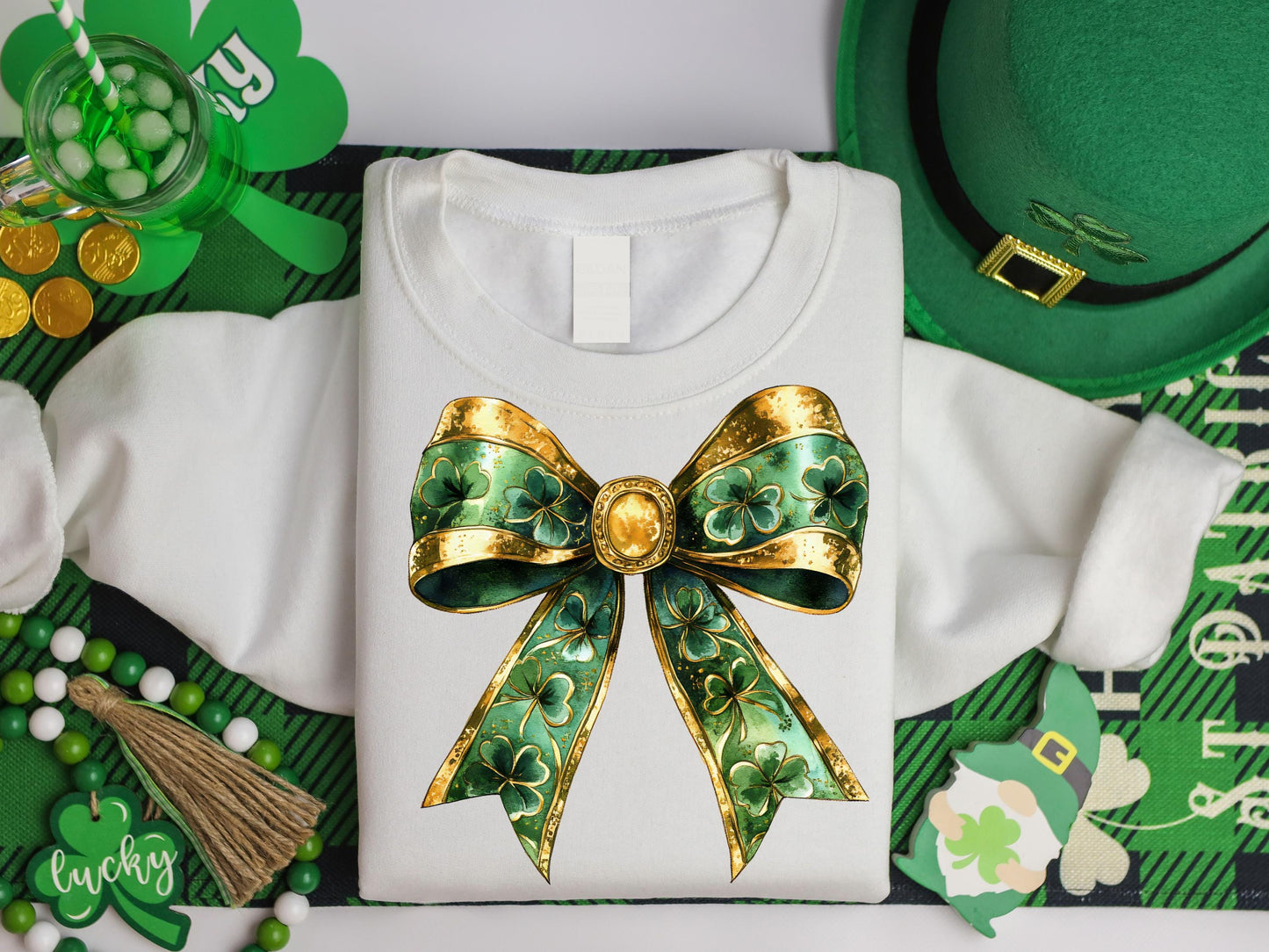 St. Patrick’s Day Bow Clipart Set, Glittery Coquette Lucky Clover Design Bundle