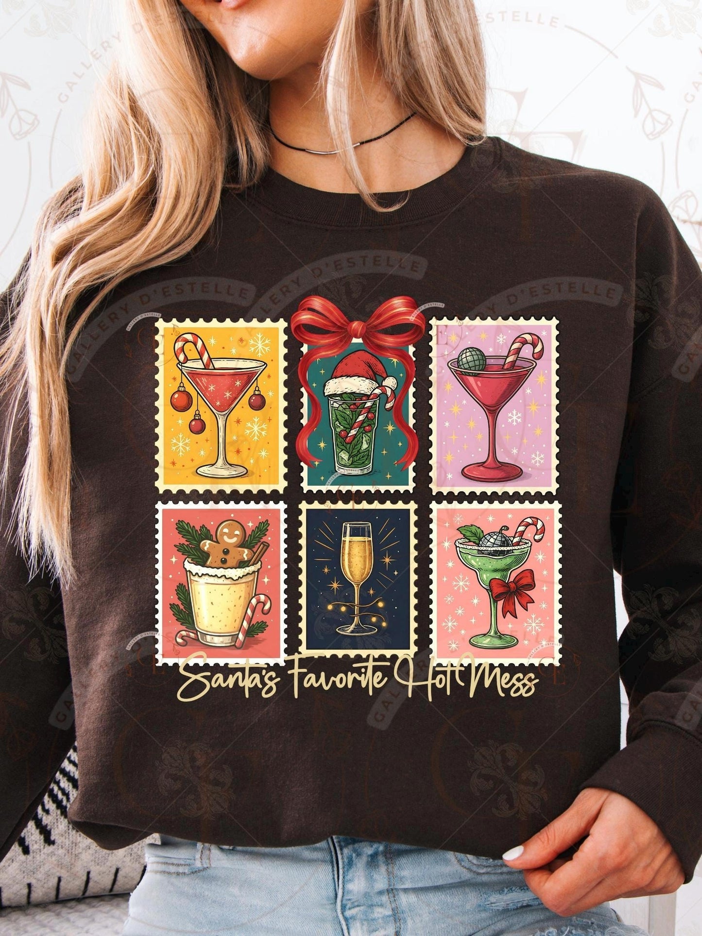 Retro Coquette Christmas Stamp PNG, Festive Santa Cocktail Collage, Holiday Spirit Drinks Graphic, Trendy Girl Christmas Shirt Design