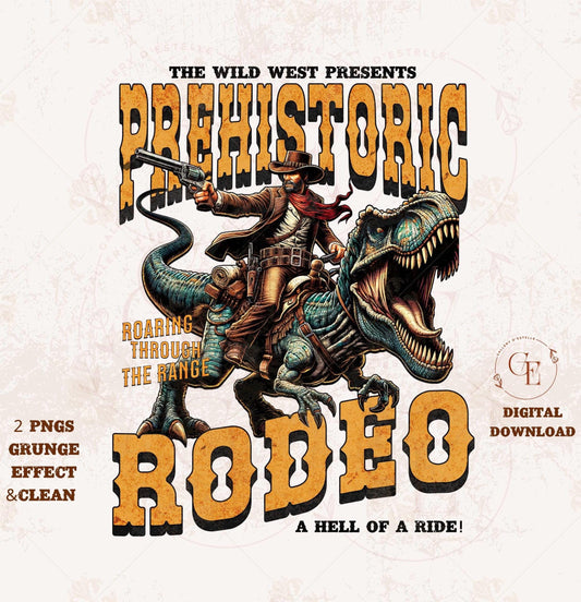 Prehistoric Rodeo PNG, Vintage Wild West Cowboy Riding Dino Graphic, Retro Western T-Rex Rodeo Shirt Design