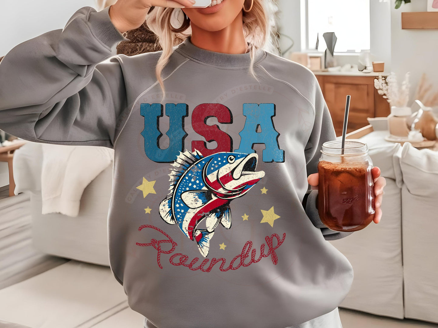 USA Roundup PNG, Retro Patriotic Bass Fish Graphic, Western 4th of July Independence Day Shirt Design