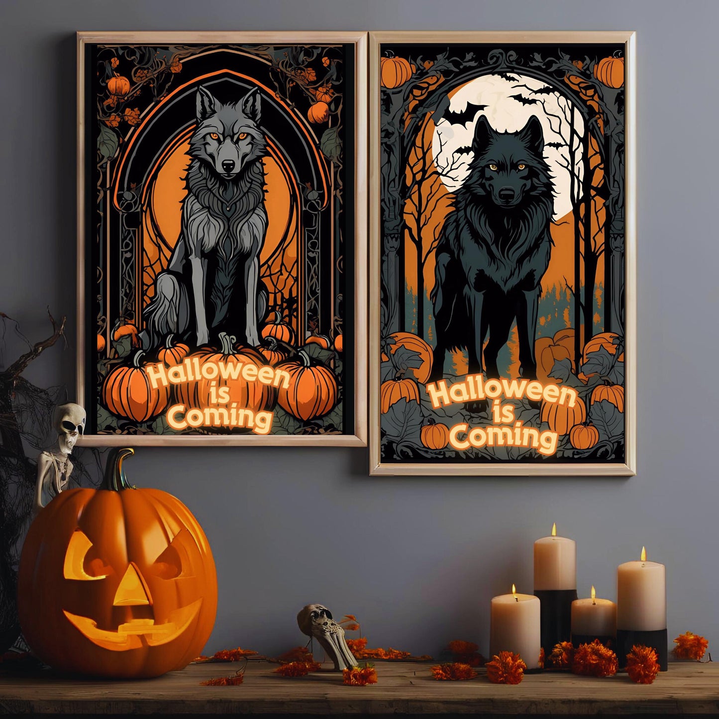 Halloween Wolves Wall Art Bundle, "House Spark" Spooky Halloween Art Nouveau Decoration