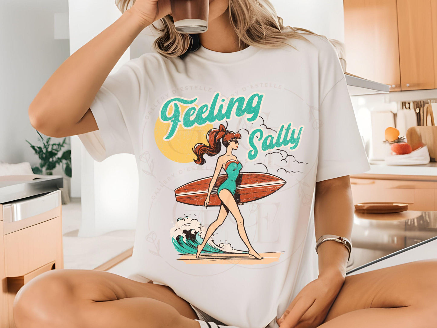 Feeling Salty PNG, Retro Vintage Surf Girl Graphic, Trendy Coastal Beach Shirt Design