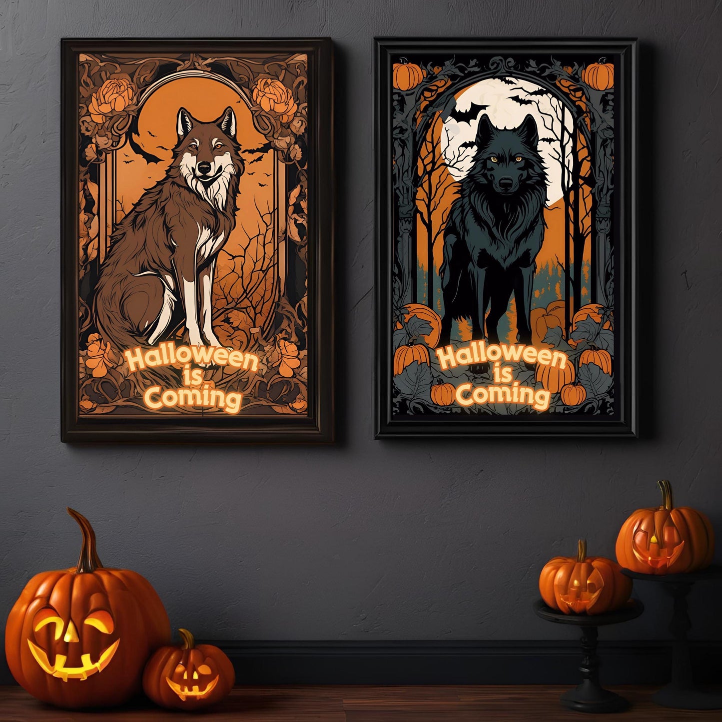 Halloween Wolves Wall Art Bundle, "House Spark" Spooky Halloween Art Nouveau Decoration