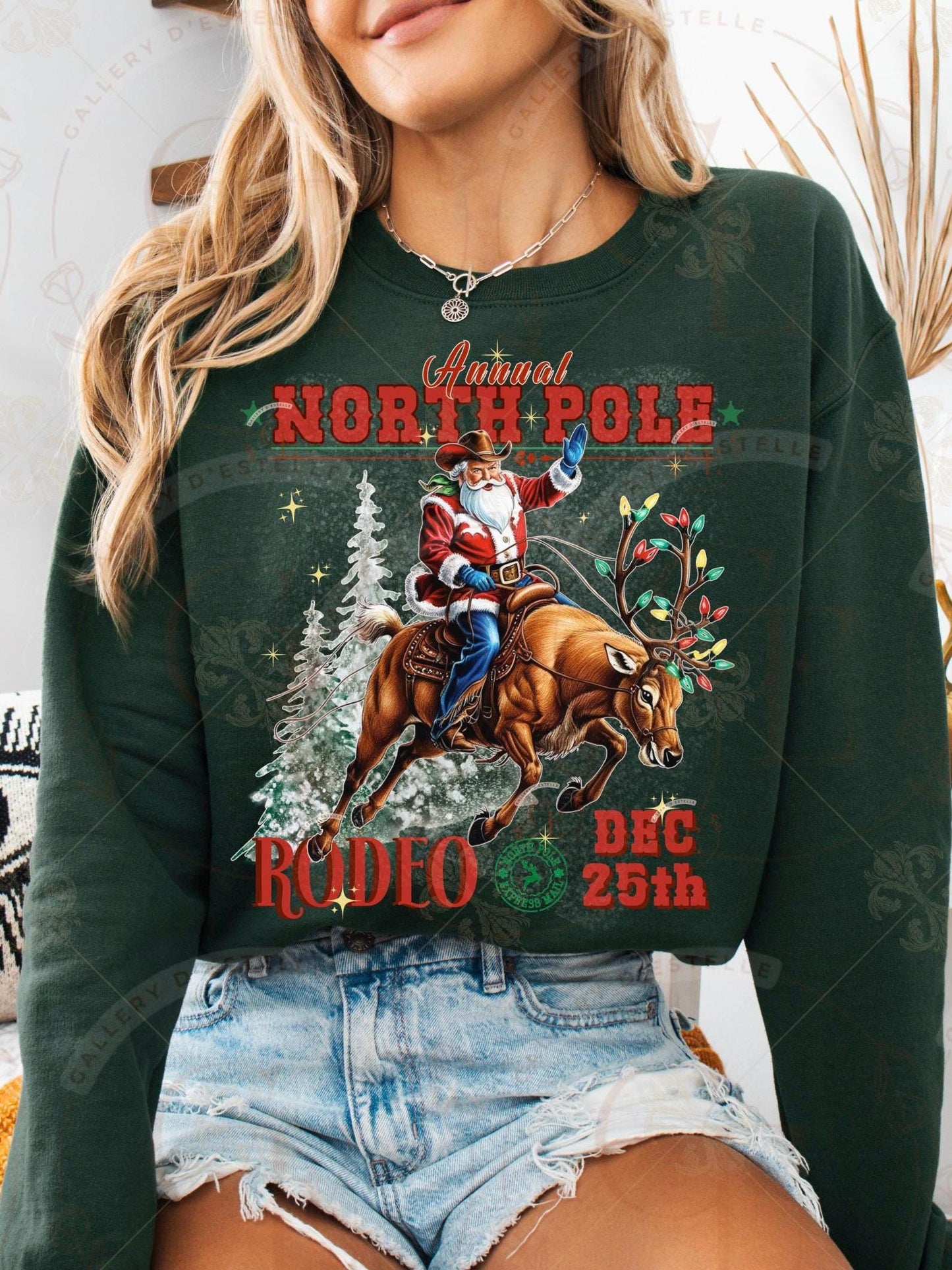 North Pole Rodeo Western PNG, Retro Santa Riding Reindeer Graphic, Vintage Cowboy Christmas Design, Trendy Holiday Country Shirt Sublimation