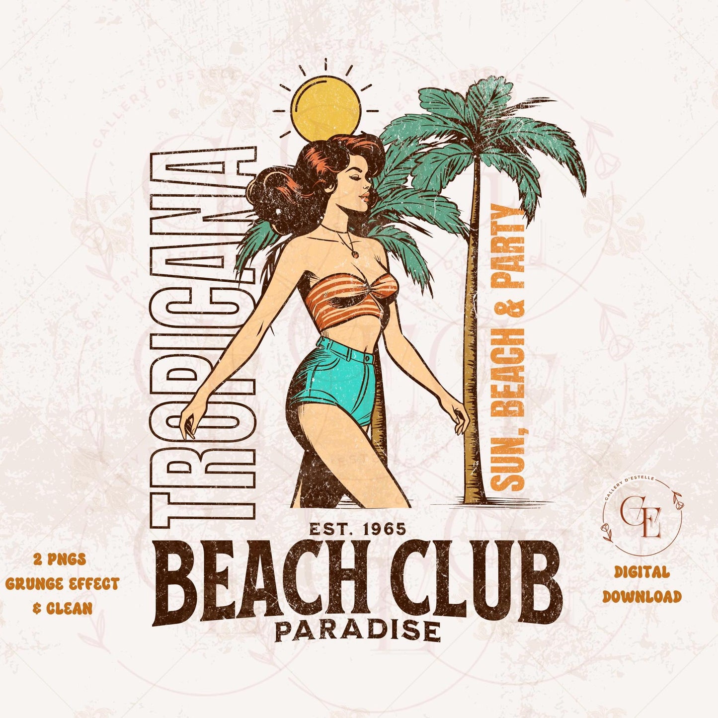 Vintage-style beach club illustration with a woman, palm tree, and sun.