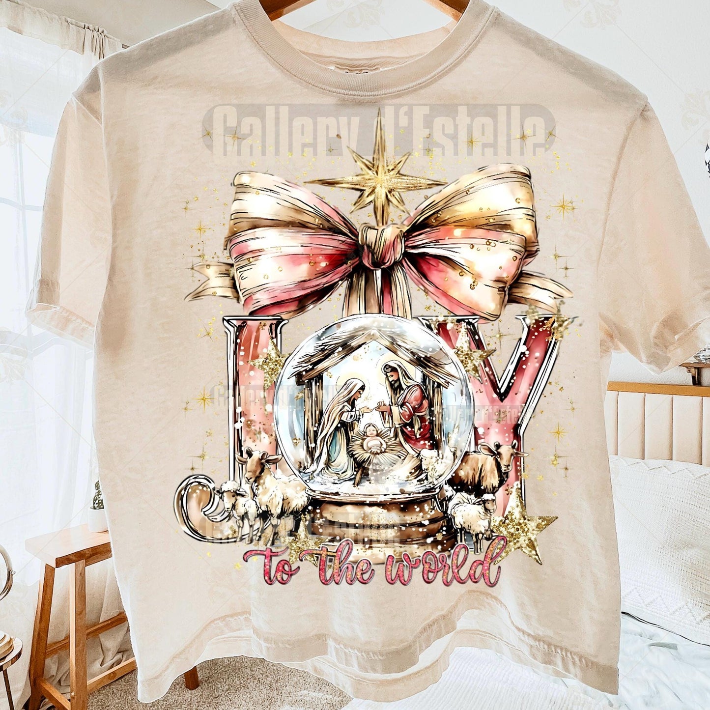 Joy to the World Nativity Scene PNG, Preppy Christian Graphic, Pink Christmas Sublimation, Coquette Holiday Shirt Design