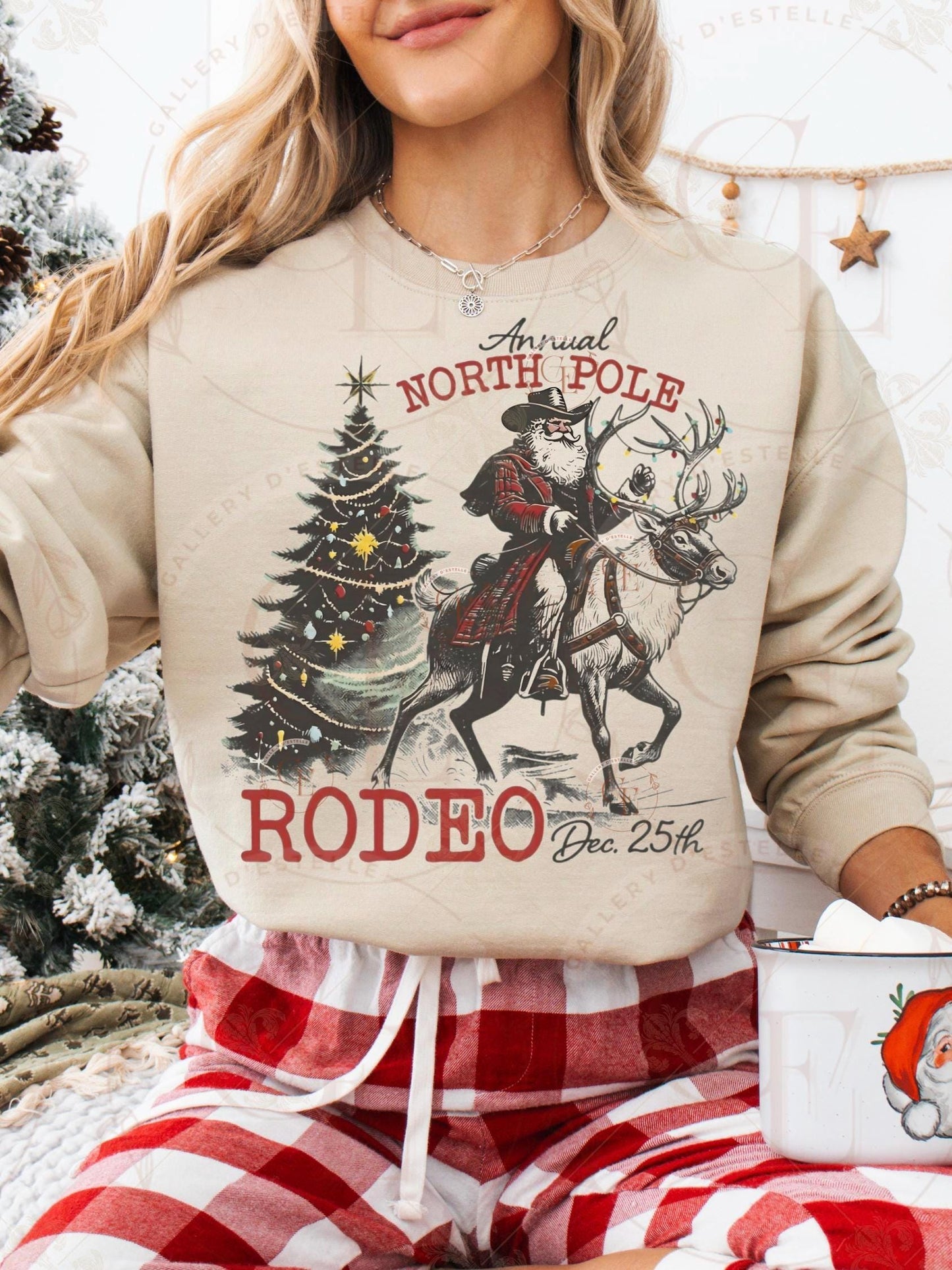 North Pole Rodeo PNG, Retro Cowboy Christmas Graphic, Santa Riding Reindeer Western Design, Vintage Holiday Shirt Sublimation