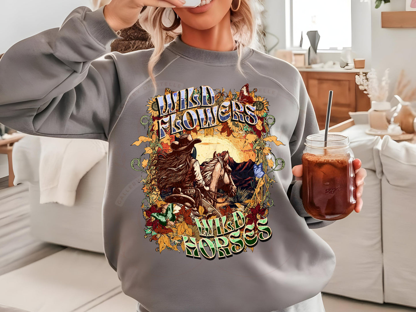 Wild Flowers Wild Horses PNG, Boho Floral Vintage Western Art, Retro Cowgirl Rodeo Graphic, Trendy Country Shirt Design