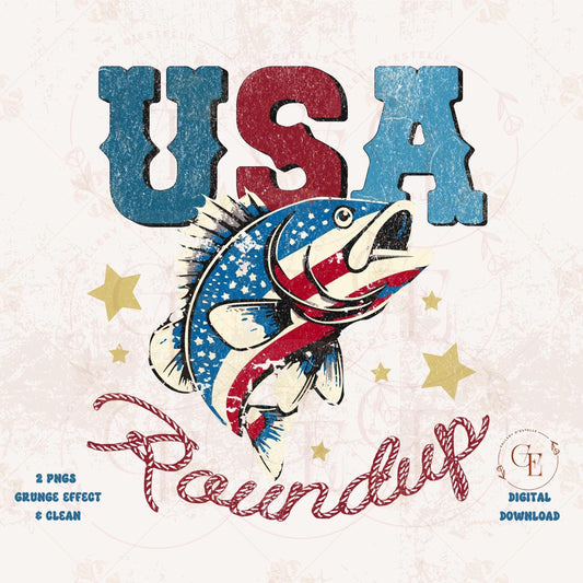 USA Roundup PNG featuring retro bass fish with patriotic American flag elements and western 4th of July Independence Day design