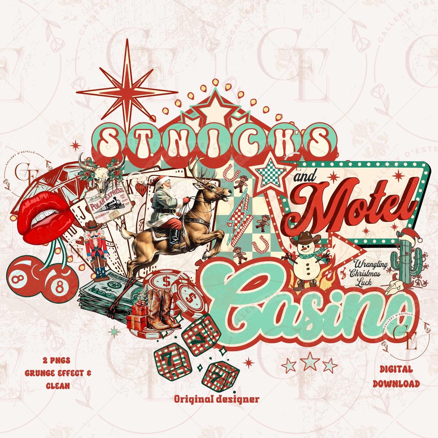 St. Nick's Casino and Motel Western Collage PNG, Retro Vegas Christmas Graphic, Edgy Cowboy Santa Casino Art, Country Holiday Shirt Design
