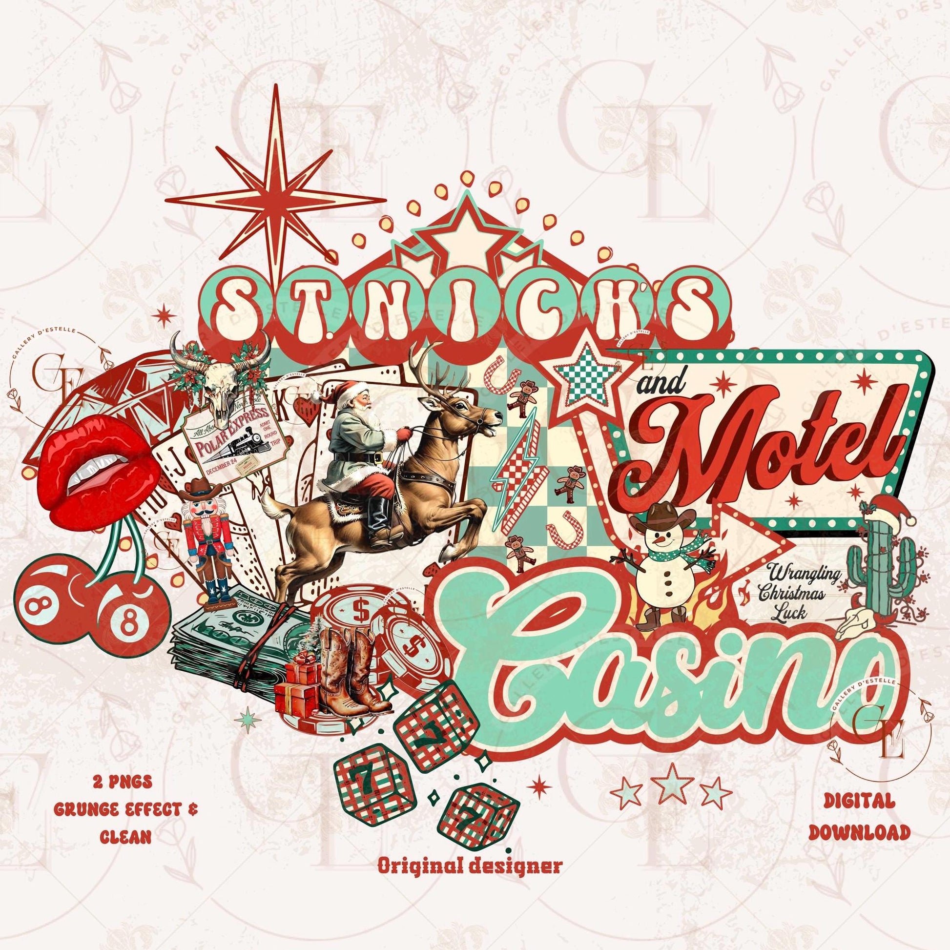 St. Nick's Casino and Motel Western Collage PNG, Retro Vegas Christmas Graphic, Edgy Cowboy Santa Casino Art, Country Holiday Shirt Design