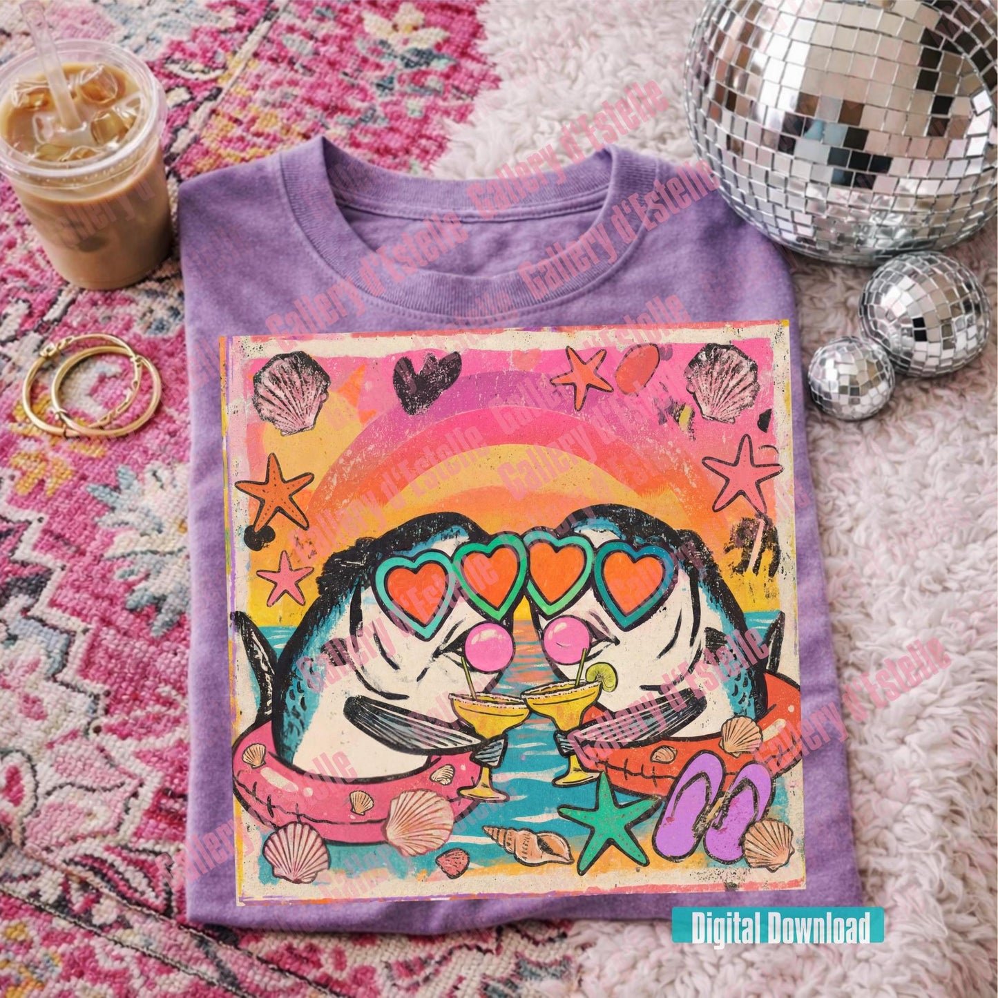 Colorful shirt with retro sardines blowing bubbles and hearts design on a patterned surface with disco balls and iced coffee.