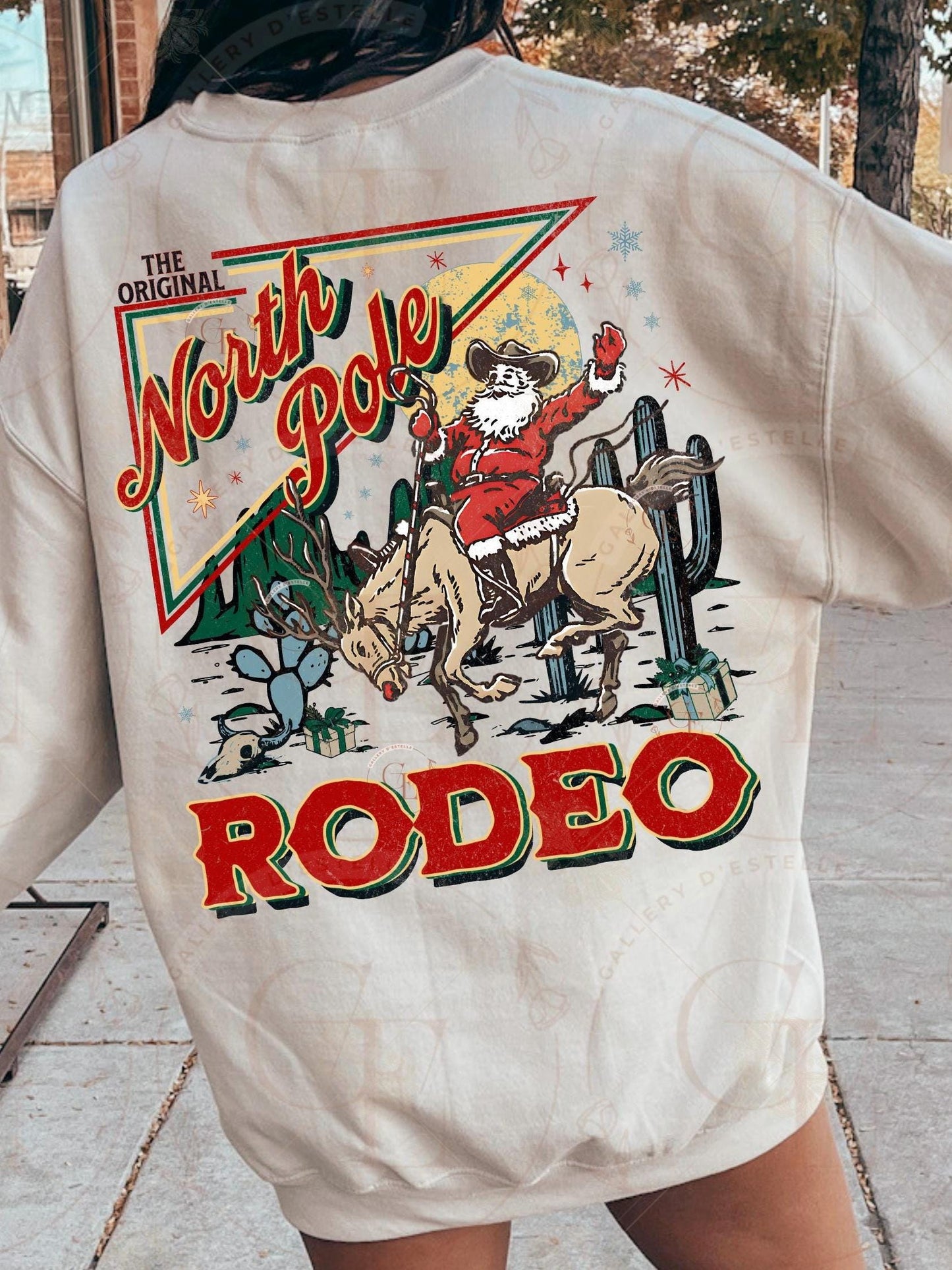 Retro North Pole Rodeo PNG, Festive Cowboy Santa Christmas Graphic, Western Holiday Shirt Design