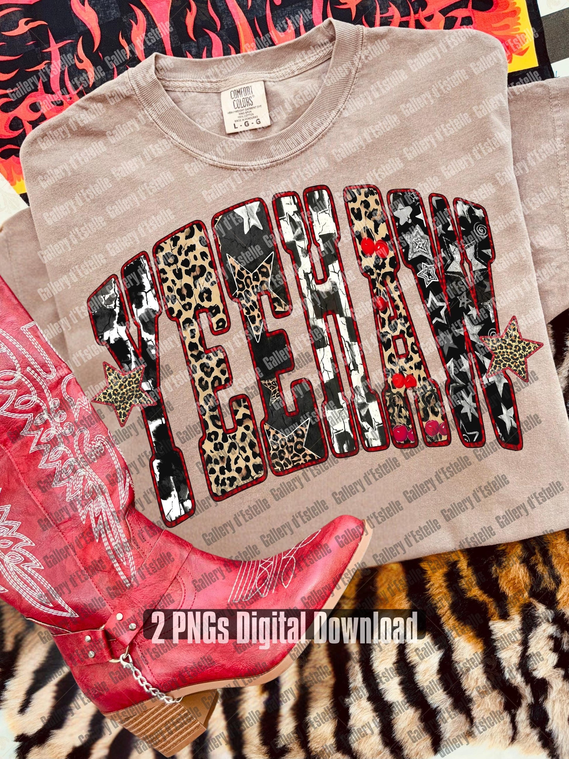 Beige t-shirt with phrase "YEEHAW" in bold western y2k font style and red cowboy boots on a colorful background